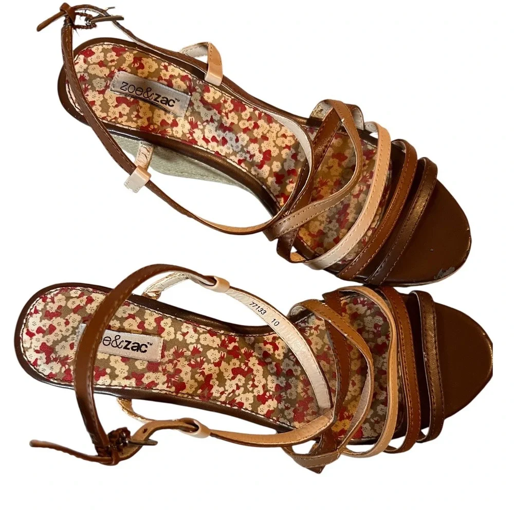 Zoe & Zac Women's Espadrille Wedge Sandals Brown Multi Strap Ankle Size 8